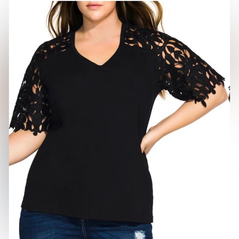 City Chic Lace Trim Cotton Tee - Plus XL